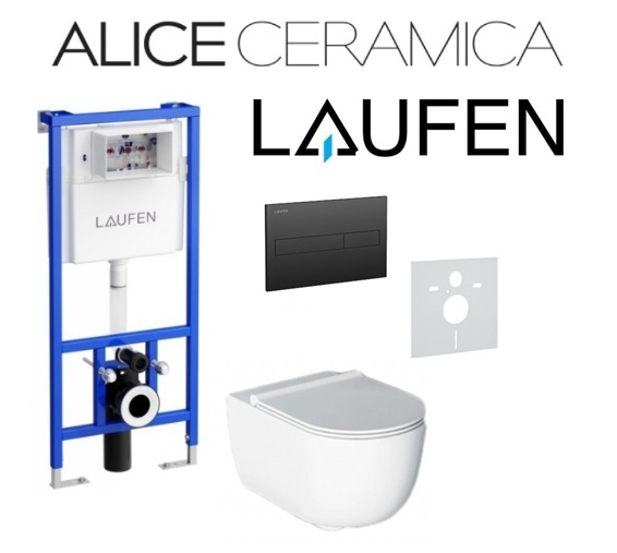 Komplektas 4 in1 Laufen rėmas + mygtukas Laufen juodas matinis, Alice Cermica Unica Rimless klozetas su lėtaegiu dangčiu
